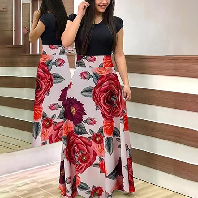 Weiqiqre Robes de Cocktail pour Femmes, Robes Longues à Imprimé Floral Coloré Teinture sur Nœuds pour Femmes, Robe Maxi Décontractée de Plage