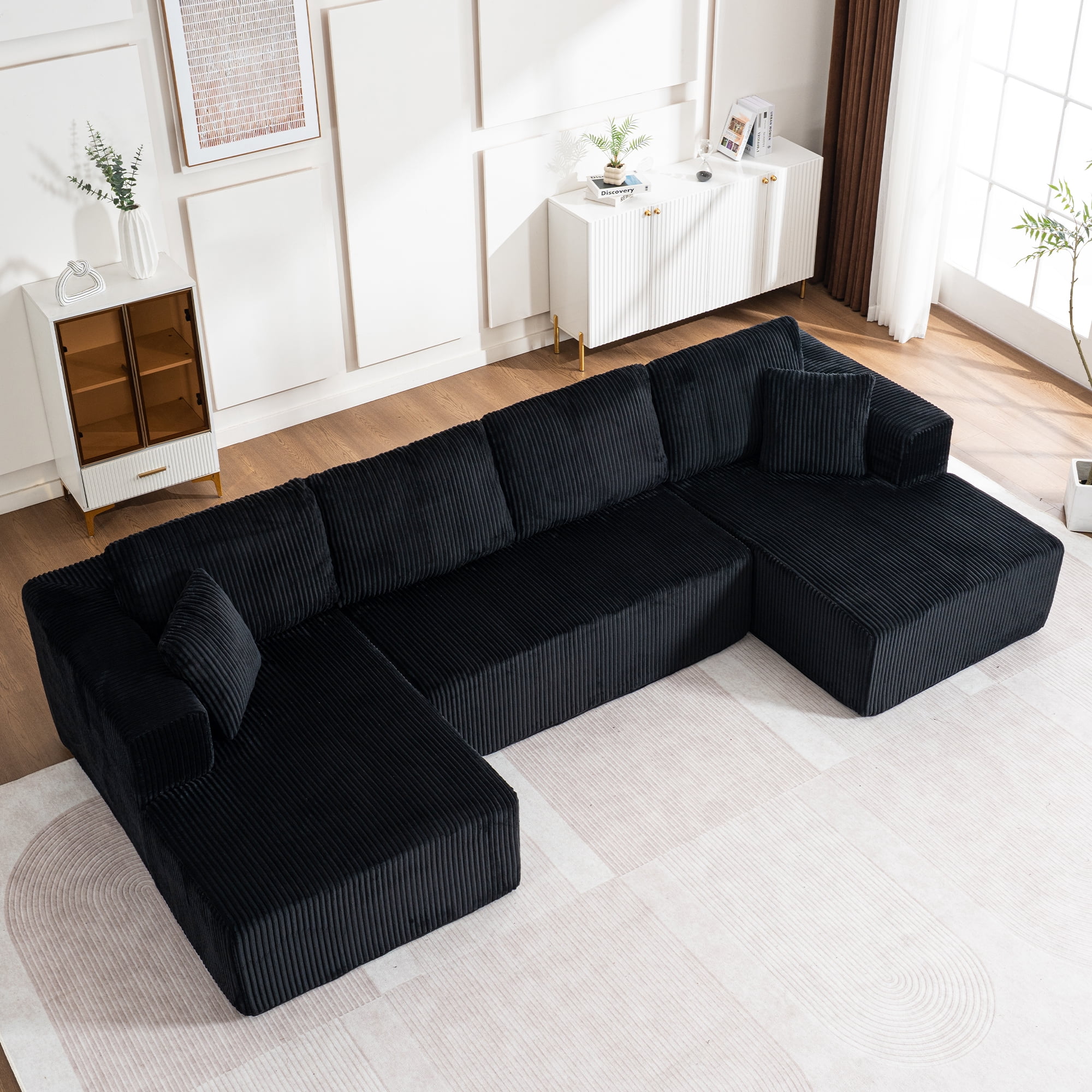 Canapé-lit Noble House moderne et décontracté en forme de U, sans cadre, modulable avec fauteuil inclinable, Noir
