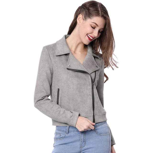INSPIRE CHIC Women Short Soft Zip Up Faux Suede Biker Moto Jacket