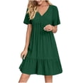 thumbnail image 1 of LOVZFMLL Robe d'Été pour Femme Décontractée Évasée à Manches Courtes Col en V à Étages Ligne A Fluide Robe de Plage à Volants Longueur Genou Robe Soleil Vert Armée m, 1 of 9