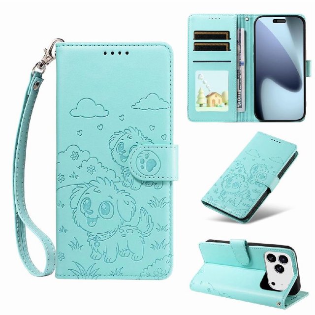 Compatible with iPhone 17 Pro Case Wrist Strap Leather Dog Embossed Pocket Card Slot Holders
