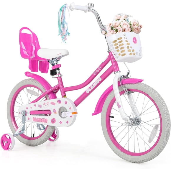 OLAKIDS Vélo 16 Pouces pour Tout-Petits, avec Stabilisateurs, Siège pour Poupée, Panier, Selle et Guidon Réglables, Frein à Main et Frein à Rétropédalage, Vélo pour Filles