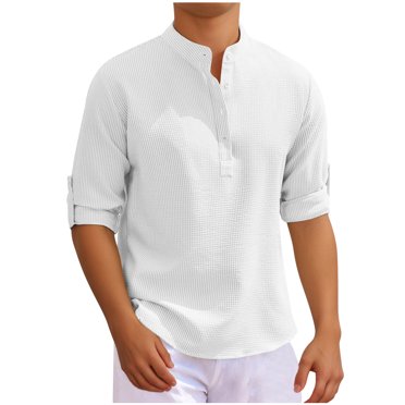 AherBiu Mens Shirts Long Sleeve Slim Fitted Stand Collar Button Tshirts Fall Winter Outdoor Fashion Shirts