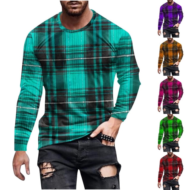 YOIAVAIOY T-Shirts à Carreaux pour Hommes T-Shirts Graphiques Stylés Manches Longues Col Rond Hauts Tee Chandails Légers Blouses Rouge m