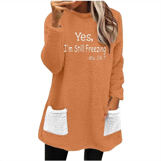 Penkiiy Chandails en Molleton Doublés Sherpa pour Femmes Col Rond Chandail Molletonné Chaud d'Hiver avec Poches 2024 S Orange