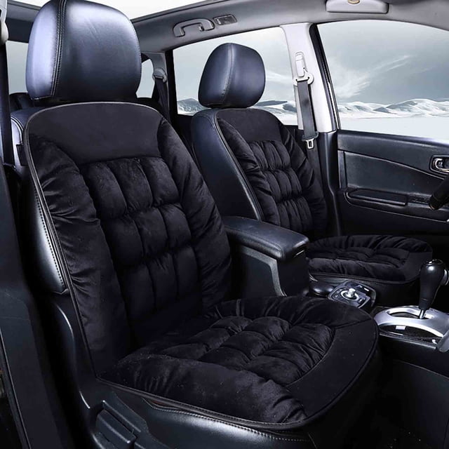 Meitianfacai warm and insulated plush car seat cover displayed on the front seats of a vehicle. The black plush material features a soft, cushioned design with tufted detailing, providing comfort and warmth. Suitable for SUVs, regular cars, and trucks, this cover protects seats from dirt, stains, and wear. The image shows the seat covers installed in a modern car interior with a snowy landscape visible through the windows.