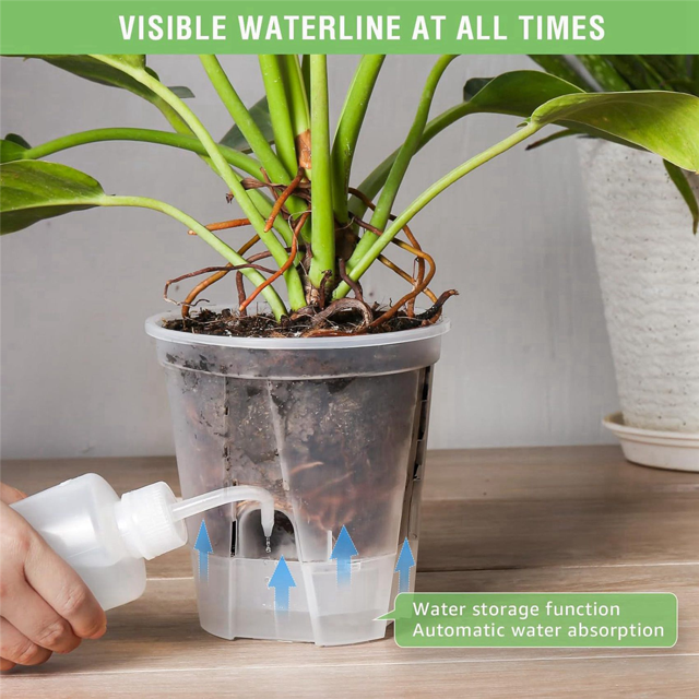 6 Inch Transparent Plastic Garden Pots Self Watering , 10 Pack Plastic Nursery Plant Pots with Deep Reservior