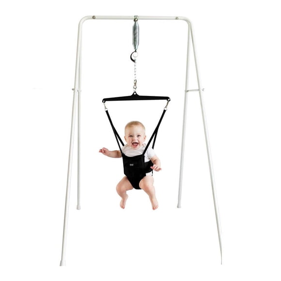 Jolly Jumper Classic with Portable Stand – Black Saddle | Indoor & Outdoor Baby Exerciser | Foldable Frame, Spring Action, Posture Support
