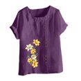 thumbnail image 4 of Pisexur Chemises en Lin pour Femmes Manches Courtes Blouses en Coton à Fleurs Hauts Grande Taille Décontractés Amples Col Rond Tuniques Unies Haut, 4 of 5