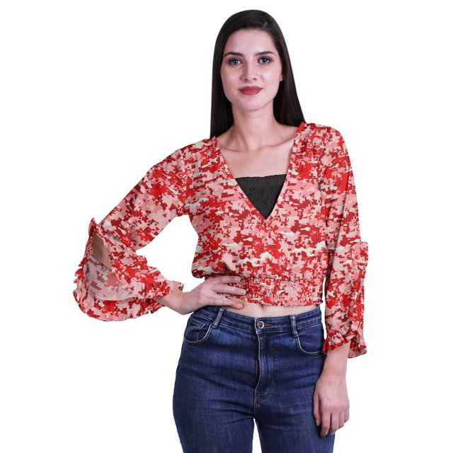 Moomaya Haut Court Imprimé pour Femmes Style Enveloppant Manches Longues à Volants Blouse d'Été Décontractée