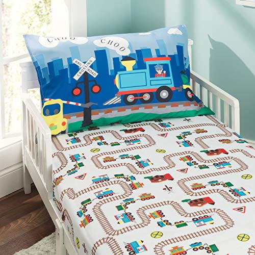 Everyday Kids Toddler Fitted Sheet and Pillowcase Set - Soft Microfiber, Breathable and Hypoallergenic Toddler Sheet Set (Trai