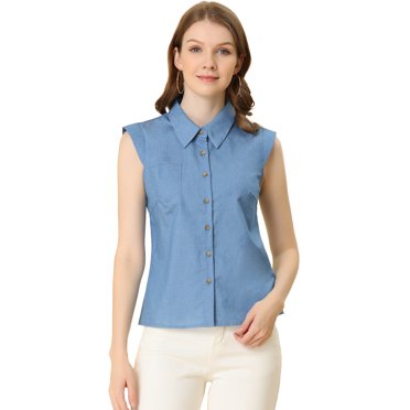 Unique Bargains Femmes Casquette Manches de Travail Chemises Tourner vers le Bas Col Bouton Chemisier Tops