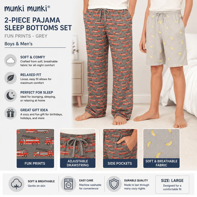 Munki Munki Pyjama Garçons et Hommes Ensemble de Bas de Pyjama 2 Pcs avec Imprimés Amusants - Gris (Très Petit)