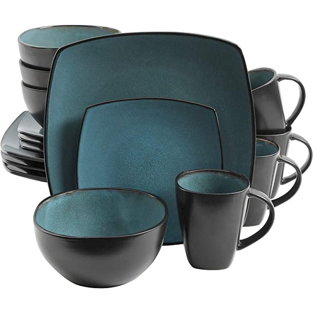 Gibson Elite Soho Lounge Square 16 Piece Stoneware Dinnerware Set, Teal/Black