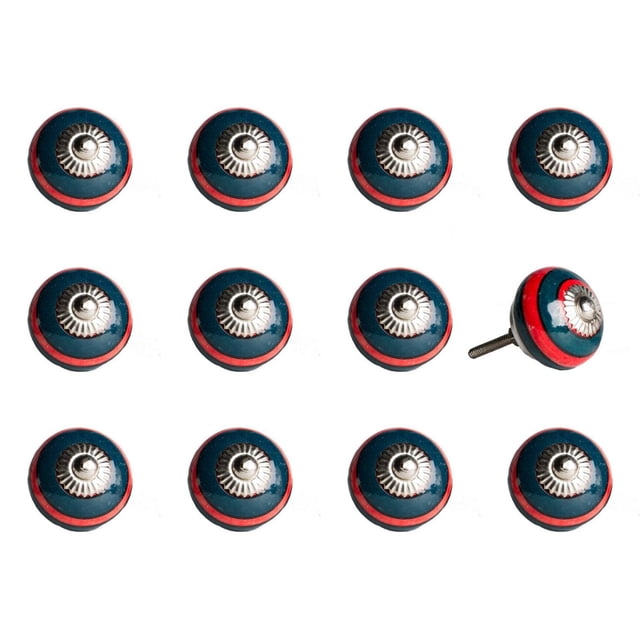 KNOB-IT vintage handpainted ceramic knobs 12-pack showing round blue knobs with a red band and silver metal bolt with decorative center, arranged in rows on white background, one knob tilted to display the 1.25-inch bolt that can be trimmed, suitable for cabinets, drawers, and furniture updates.