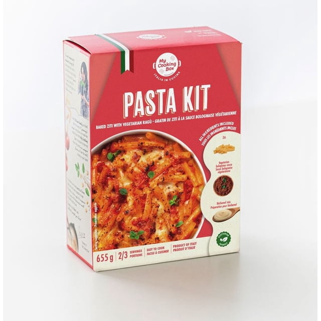 MY COOKING BOX BAKED ZITI WITH VEGETABLE RAGU pasta kit box with 655 g of ingredients for 2 to 3 servings, featuring a front image of baked ziti pasta with vegetarian ragù and creamy béchamel sauce, an easy-to-cook Italian meal kit ideal for preparing authentic Italian food at home.