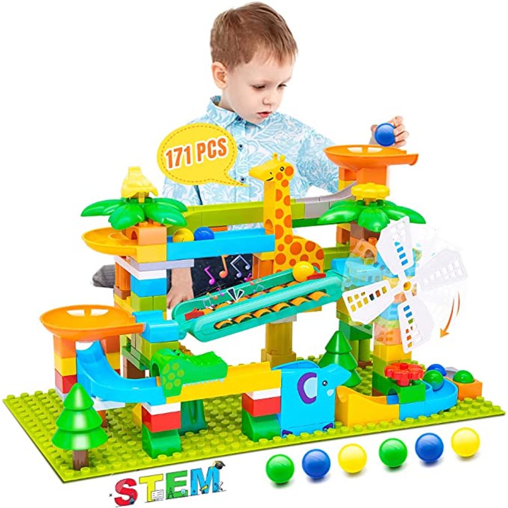 Building Blocks for Toddlers 171 Pcs Run Classic Big Blocks Toy Animals Building Kit with 6 Balls Race Track for Kids Boys & Girls