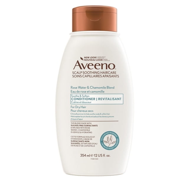 AVEENO Rose Water and Chamomile Conditioner Sensitive & Soft in a 354 ml white plastic bottle with copper flip cap, featuring a sulfate-free, scalp-soothing formula infused with oat, rose water, and chamomile for gentle hydration and soft cleansing of dry hair.