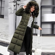 hoksml Women's Extended Length Winter Coat Puffer Jacket Over-the-knee Loose Cold-proof Warm Thickened Hooded Zip Coat with Tie Waist Parka