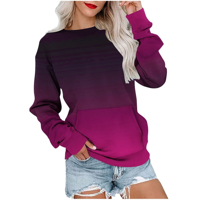 Lmnyox Chandails à Col Rond pour Femmes, Mode Décontractée, Imprimé, Manches Longues, Chandails à Enfiler avec Poche, Chemises Basiques Amples