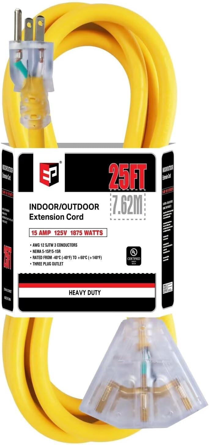 EP 25 Ft Lighted Outdoor Extension Cord with 3 Electrical Power Outlets - 12/3 SJTW Heavy Duty Yellow Extension Cable with 3 Prong Grounded Plug for Safety
