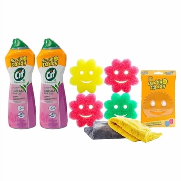 Scrub Daddy Trousse de Fournitures de Nettoyage - Ensemble Floral Cif - Comprend des Éponges à Vaisselle Scrub Mommy, des Serviettes en Microfibre, un Panier pour Évier de Cuisine et un Nettoyant Tout Usage Crème Cif, Pink Lilly (9 Cou