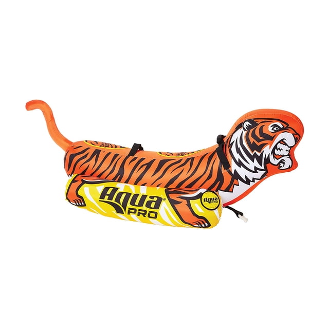 AquaPro 96 Inch Heavy Duty Nylon Tiger Water Towable 2 Person Rider in orange, featuring a tiger-shaped design with bold stripes and a tail. Made from durable nylon with a heavy-duty inflatable bladder, it includes easy-grip handles, padded seats, and a triple-reinforced tow harness for secure attachment. Designed for boating and tubing on lakes or rivers, it measures 96 x 36 inches and supports up to 340 pounds. Suitable for ages 15 and up.