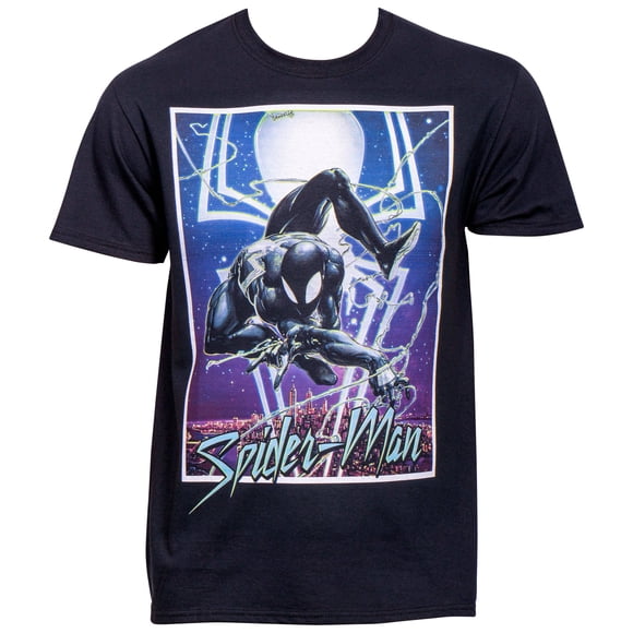 Marvel Spider-Man Symbiote Suit Swinging over the City T-Shirt-4XLarge