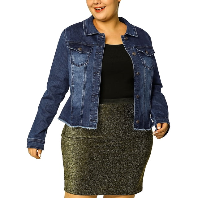 GRACE & GRANDEUR Women's Plus Size Washed Button Front Frayed Denim Jacket Dark Blue 2X