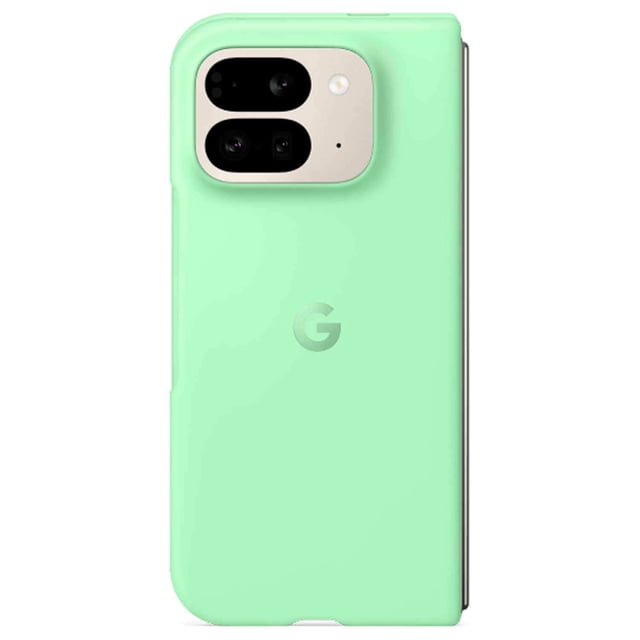 Google Silicone Case w/Magnets Jade (Green) for Google Pixel 10 Pro Fold shown from the back with a slim, stain-resistant silicone cover in jade green, featuring an embossed Google 'G' logo, precise camera cutouts, and a soft microfiber lining for drop protection, designed to maintain charging and signal strength, made with at least 42% recycled materials and ideal for everyday phone protection.