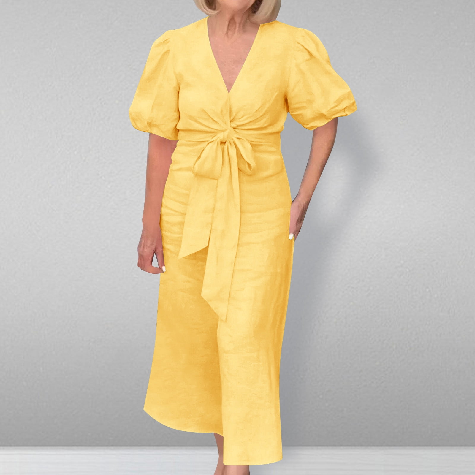 LOVZFMLL Women's Summer Solid Color Short Sleeve -Neck Dress Yellow L
