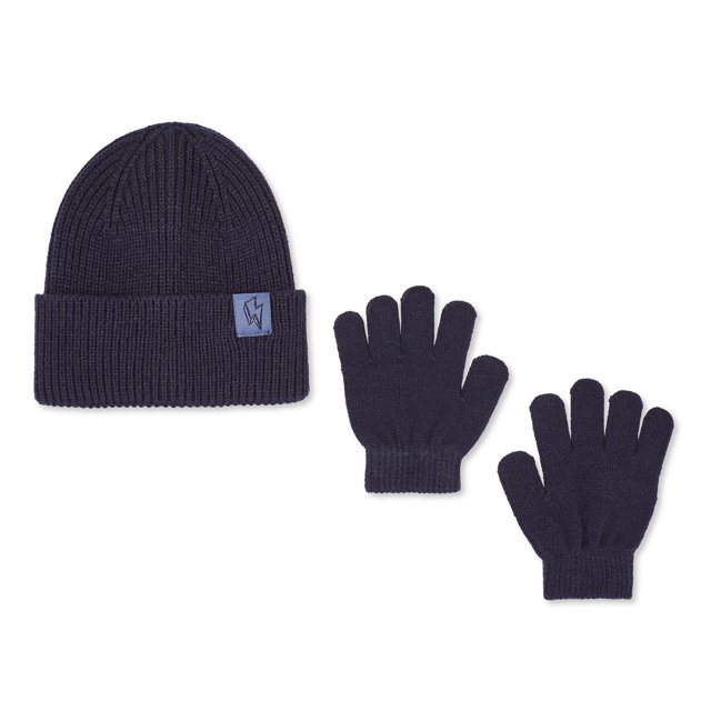George Ensemble 2 Pcs Tuque et Gants pour Tout-Petits Garçons en Tricot Bleu Marine, Comprenant un Bonnet à Revers Côtelé avec une Languette Éclair Tissée et des Gants à Revers Côtelés Assortis, Convient pour Garder les Tout-Petits au Chaud Lors des Promenades Hivernales Ou des Jeux.