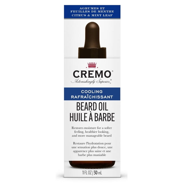 Cremo Cooling Beard Oil - Citrus & Mint Leaf in a 30 mL amber glass bottle with black dropper cap, labeled in English and French, formulated for men's grooming to restore moisture, soften facial hair, reduce beard itch, and provide a cooling sensation for healthier, more manageable beards.