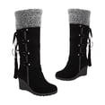 thumbnail image 3 of Penkiiy Bottes Hauteur Genou pour Femmes en Suède Polaire, Bottines d'Hiver Plissées pour la Neige, Chaussures d'Extérieur d'Hiver, Bout Rond, Bottes à Talon Compensé 42 Noir, 3 of 5