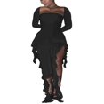 thumbnail image 3 of Femmes Robe Longue Manches Longues Cou Carré Fente Robe Irrégulière à Volants Robe de Cocktail, 3 of 9
