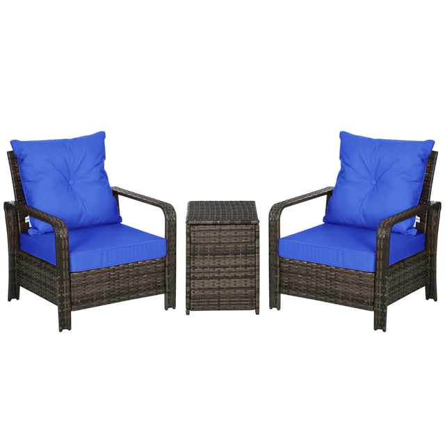 Outsunny Patio Bistro Set PE Rattan Garden Sofa Set 3 Pieces Blue