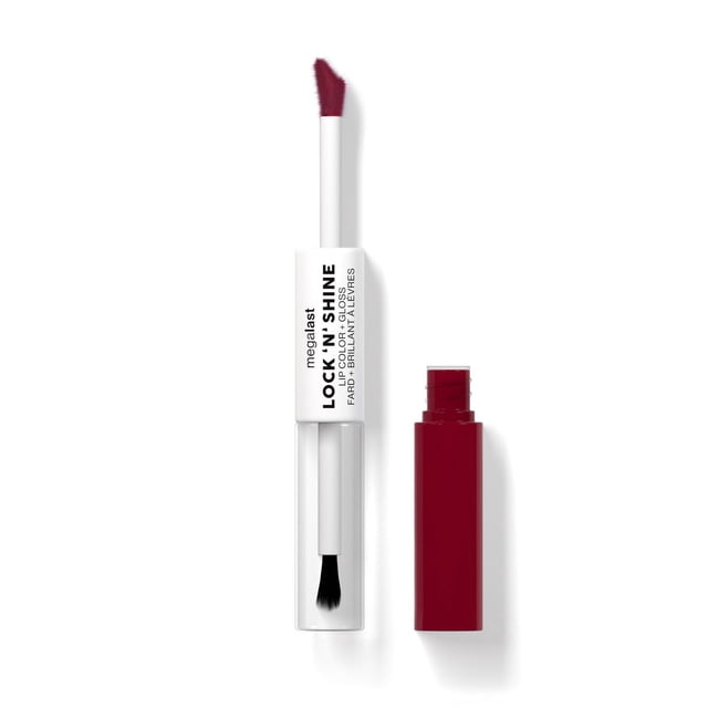 Megalast Lock 'N' Shine Lip Color + Gloss dual-ended lip product with deep red lip color on one end and clear high-shine gloss on the other, both with brush applicators, shown open on a white background, ideal for layering vibrant colour with gloss.