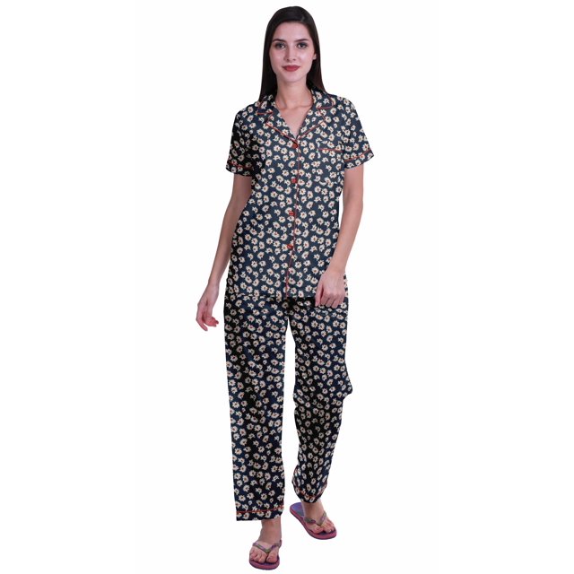 Moomaya Ensemble de Pyjama à Manches Courtes Imprimé pour Femmes Chemise de Nuit Boutonnée Imprimée