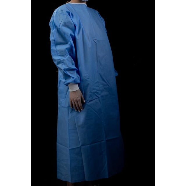 SMS Robe d'Isolation (Niveau 3) 100 Pcs/caisse pour 178 $ - Vente en Gros 1,78 $/pcs Robe d'Isolation Bleue à Ouverture Frontale SMS Niveau 3 avec Manches Longues et Attaches de Taille, Matériau Texturé Non Tissé visible, Montré avec Sacs Scellés et carton par Spécifications de Produit Indiquant 10 Pcs par Sac et 100 Pcs par carton, Destiné à l'Hôpital, à l'Industrie Alimentaire et à l'Assainissement; Vêtement de Protection Jetable à Usage Unique Souvent Utilisé en Milieu Clinique