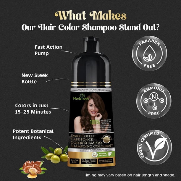 Herbishh Dark Coffee Shampoo 200 ml, Hair Dye Shampoo 3 in 1, 100