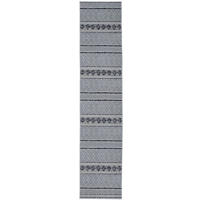 Mirage Novi Cream & Grey 2' x 10' runner rug with flat pile and soft chenille-like texture, featuring cream and grey geometric patterns of diamonds and chevrons in horizontal bands, suitable for modern, classic, or coastal home décor and often used to add visual depth in hallways or narrow spaces.