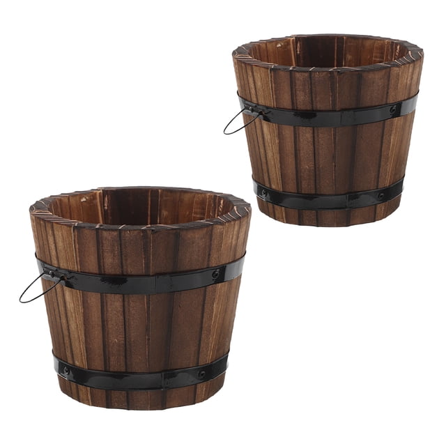 GOOHOCHY 2Pcs Barrel Planter Brown Wood Container For Indoor Gardening And Decor