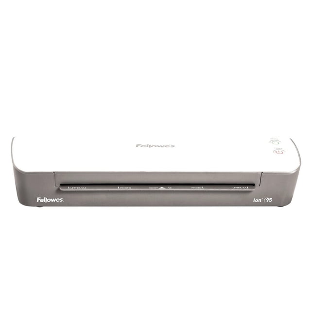Ion™ 95 Laminator with Pouch Starter Kit, a compact thermal laminator with a white top and gray base, 9-1/2 inch entry width for various document sizes, Fellowes branding, control buttons on the right, hot lamination for 3 or 5 mil pouches, and auto shut-off to prevent overheating, ideal for office and school laminating tasks.