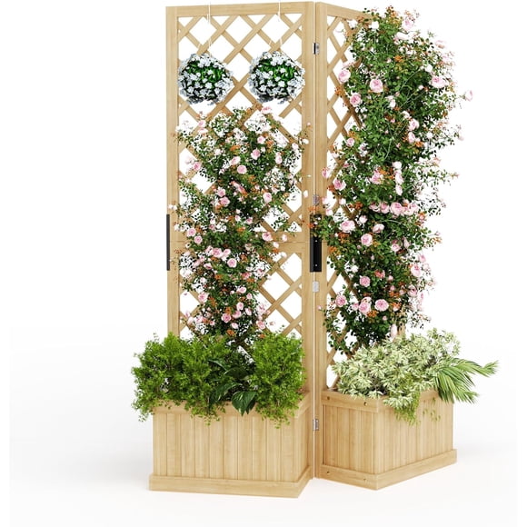 Cedar Wood Privacy Screen with Planter Box, Freestanding Outdoor Garden Fence with Trellis, 2 3 Panel Raised Bed Kit for Patio Deck Backyard, Natural Wood