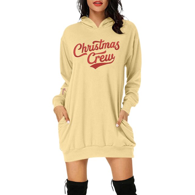 TJAZFJPA Mini Robe Automne et Hiver Mode Décontractée Imprimée de Noël à Manches Longues Chandail à Capuche avec Poche Robe Chandail Chandail Vintage pour Femmes