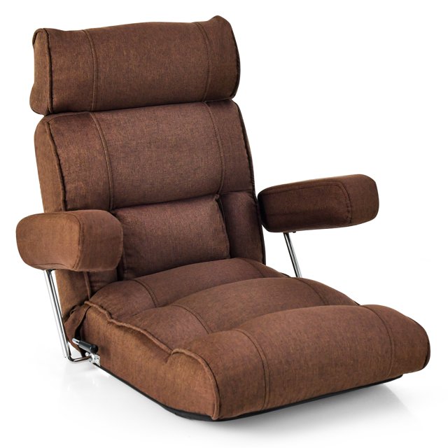 Costway Adjustable Lazy Sofa with stepless adjustable backrest, 6-position headrest, lumbar support, and seat in brown. Features flip-up armrests, breathable fabric, and thick foam padding for comfort. Ideal for living rooms, bedrooms, offices, or gaming and reading.
