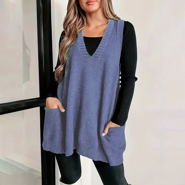IMENGL Chandail Sans Manches Confortable à Poche, Col en v, Bleu 3TG, Taille g-4TG