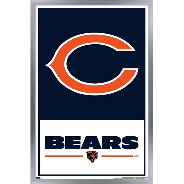 NFL Chicago Bears - Logo 21 Wall Poster, 22.375" x 34" framed, displaying a centered orange and white 'C' logo on a navy blue background above bold navy 'BEARS' text with an orange bear head emblem and orange lines on a white lower panel, ideal for home wall décor and easy hanging.