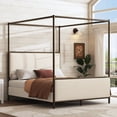 thumbnail image 2 of Noble House Queen Size Modern Canopy Bed Frame - Linen Upholstered Headboard,Beige and Bronze, 2 of 7