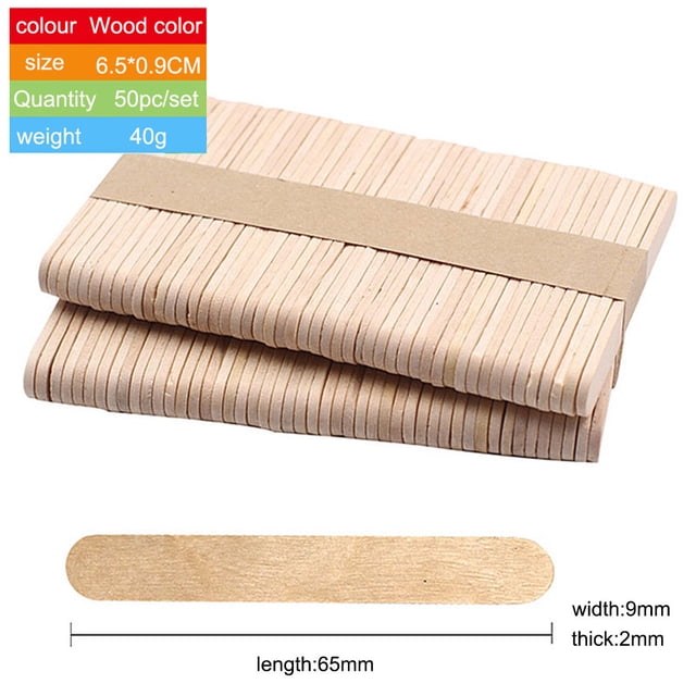 EGNMCR 50 Pcs Sticks Ice Cream Sticks made of natural wood, featuring a light-colored finish and rounded edges for safety. The package includes 50 wooden sticks, each measuring 6.5 cm in length, 0.9 cm in width, and 0.2 cm in thickness. Ideal for DIY crafts, dessert making, classroom projects, and home decoration. Suitable for mixing paint or sand and safe for kids' art projects.